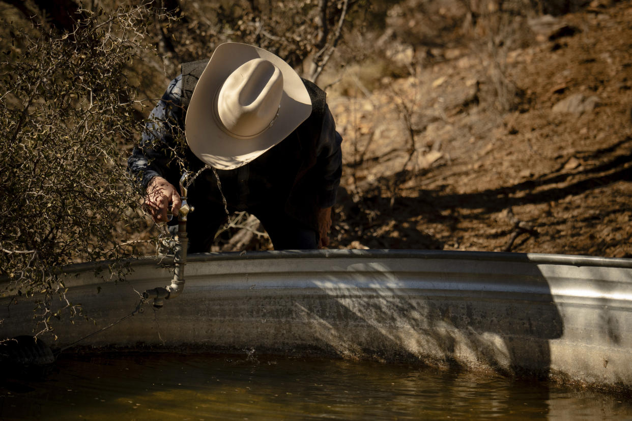 Jim Chilton utiliza una fuente que instaló en un tanque de agua del rancho de su familia, que tiene más de 8 kilómetros de colindancia con la frontera de México, cerca de Arivaca, Arizona, el 9 de enero de 2024. (Erin Schaff/The New York Times)