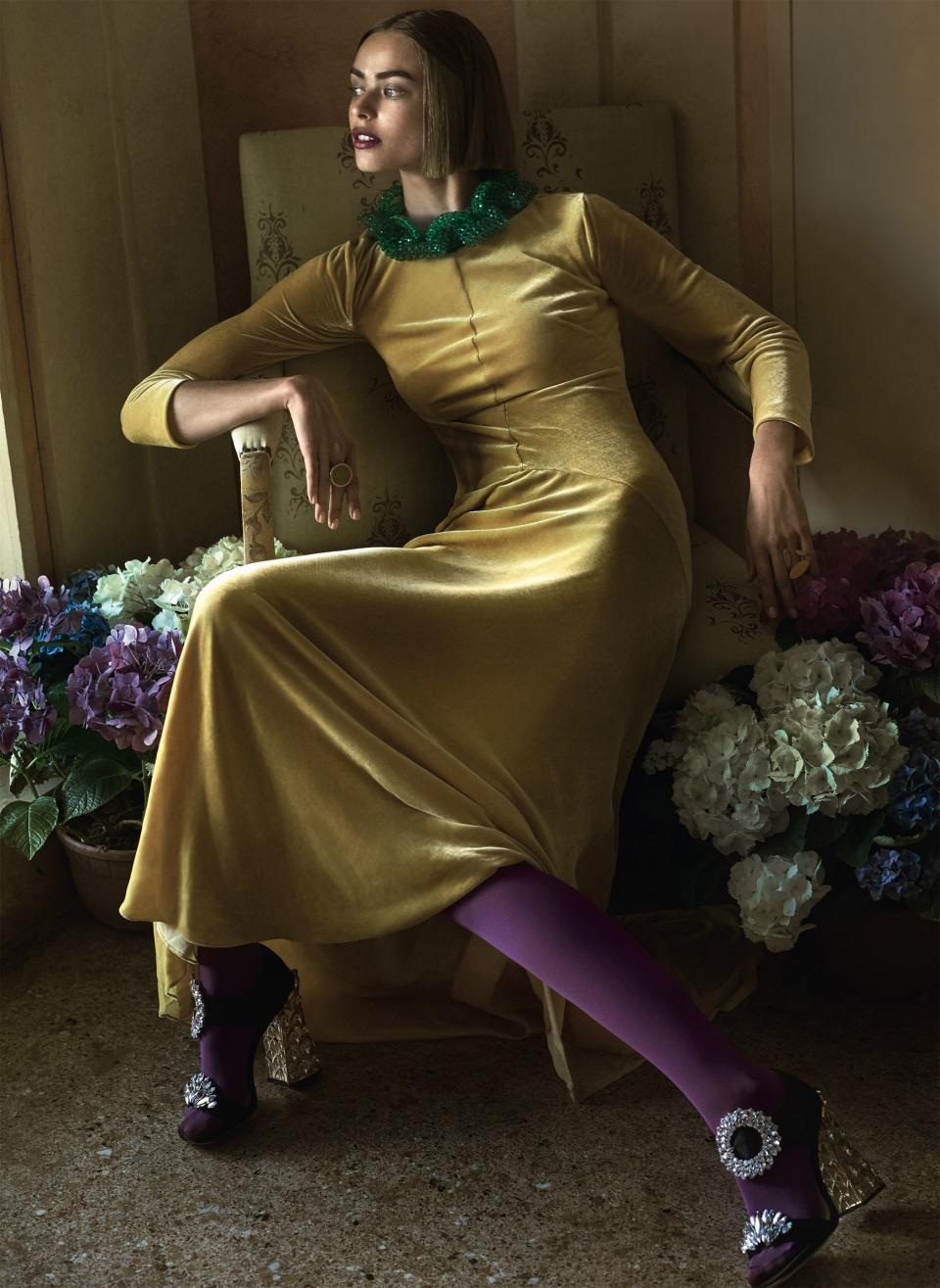 <strong>Natural Attraction</strong> Alberta Ferretti’s daffodil-yellow velvet dress—much like a bouquet of fresh-cut hydrangeas—lifts the spirits and heightens the senses. Alberta Ferretti dress, $1,990; Barneys New York, NYC. Dries Van Noten necklace. Rings by Sabine Mueller and Monika Jakubec. Falke tights. Miu Miu shoes.