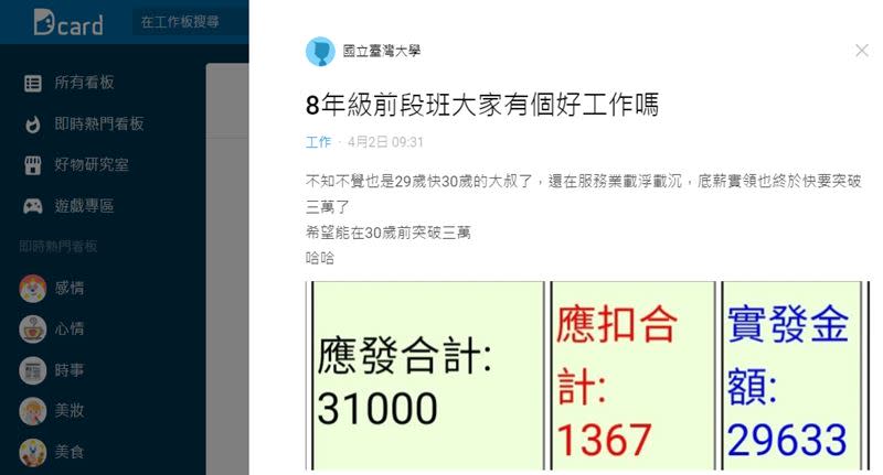 原PO詢問，「8年級前段班大家有個好工作嗎？」（圖／翻攝自Dcard）
