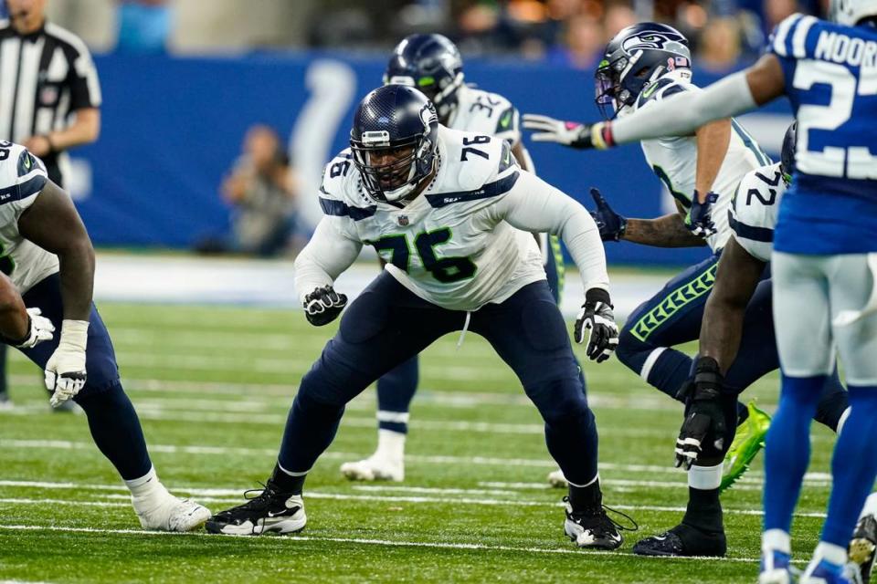 Seattle Seahawks offensive tackle Duane Brown (76) plays against the Indianapolis Colts in the second half of an NFL football game in Indianapolis, Sunday, Sept. 12, 2021. (AP Photo/Charlie Neibergall)