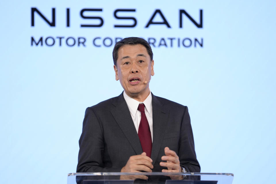 Nissan Chief Executive Makoto Uchida speaks during a Renault Nissan Mitsubishi press conference in London, Monday, Feb. 6, 2023. (AP Photo/Kirsty Wigglesworth)