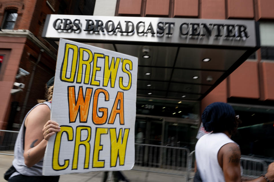 NEW YORK, NEW YORK - SEPTEMBER 12: Members of the WGA-EAST and SAG-AFTRA picket outside of The Drew Barrymore Show as audience members arrive ahead of the show at CBS Broadcast Center on September 12, 2023 in New York City. Drew Barrymore announced that her show, The Drew Barrymore Show, would return and begin taping episodes for a fourth season on September 11th. Members of SAG-AFTRA, Hollywood’s largest union which represents actors and other media professionals, joined striking WGA (Writers Guild of America) workers in the first joint walkout against the studios since 1960. The strike has shut down Hollywood productions completely with writers in the third month of their strike against the Hollywood studios. (Photo by Alexi Rosenfeld/Getty Images)