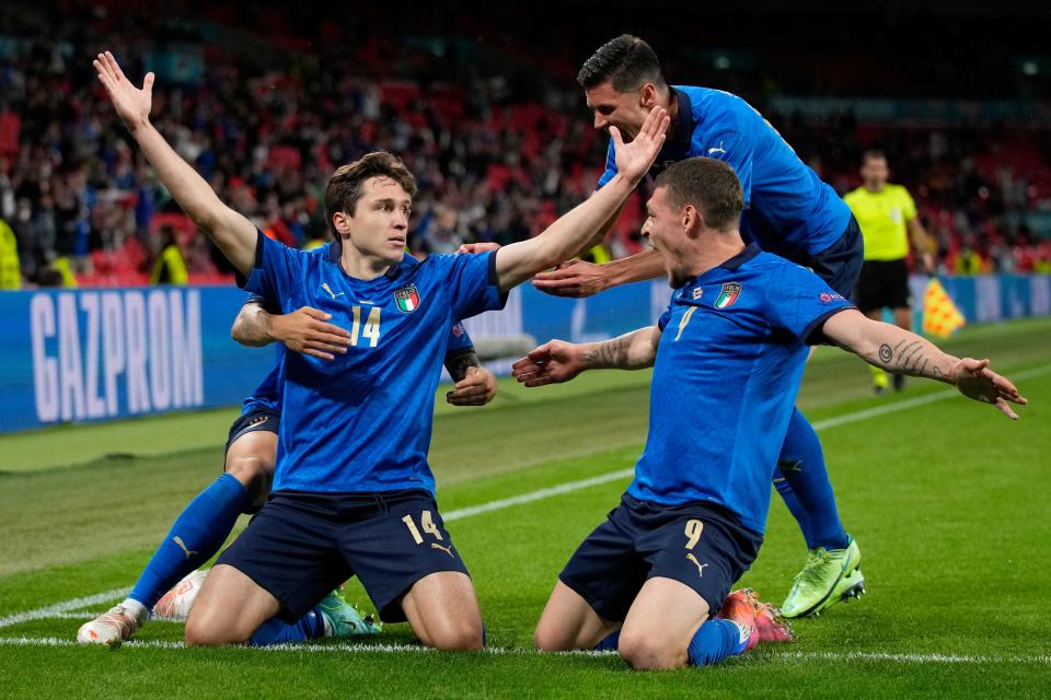 Federico Chiesa celebrates scoring Italy’s winner (Getty)