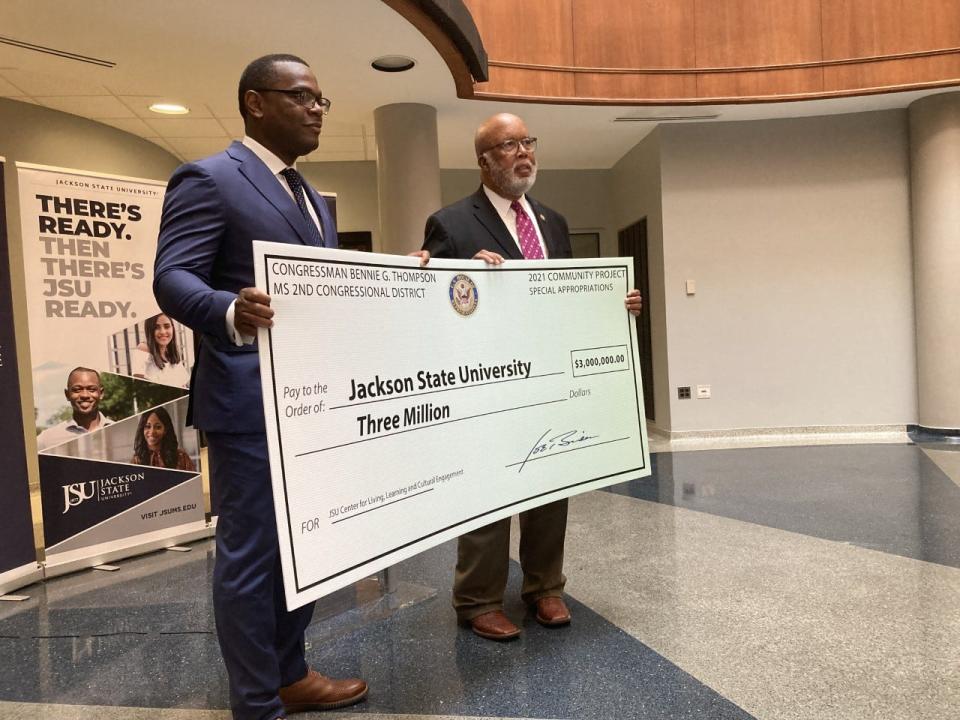 Jackson State University President Thomas Hudson, left, stands with U.S. Rep Bennie Thompson who presented $3 million in federal funding to support the university's Center for Living, Learning and Cultural Engagement during a Thursday, May 5, 2022 press conference at the university.