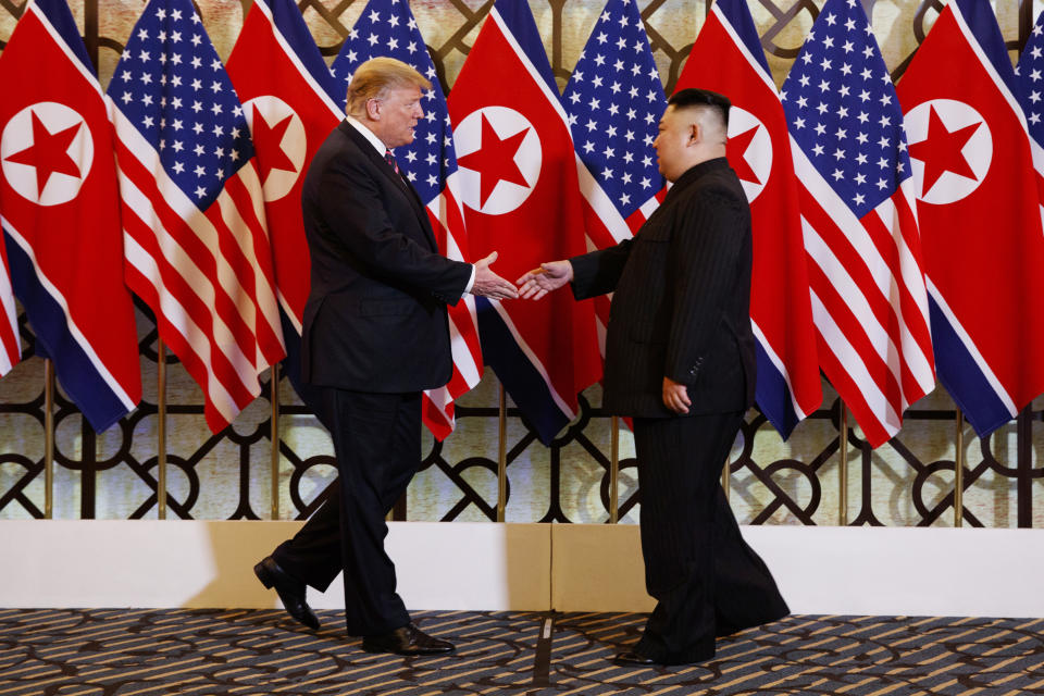 U.S. President Donald Trump meets North Korean leader Kim Jong Un, Wednesday, Feb. 27, 2019, in Hanoi. (AP Photo/ Evan Vucci)