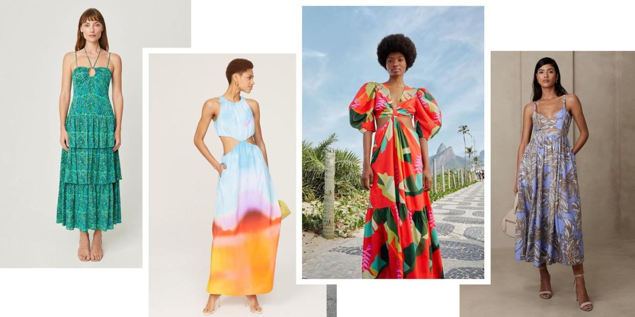 a collage of models wearing wedding guest dresses for beach weddings