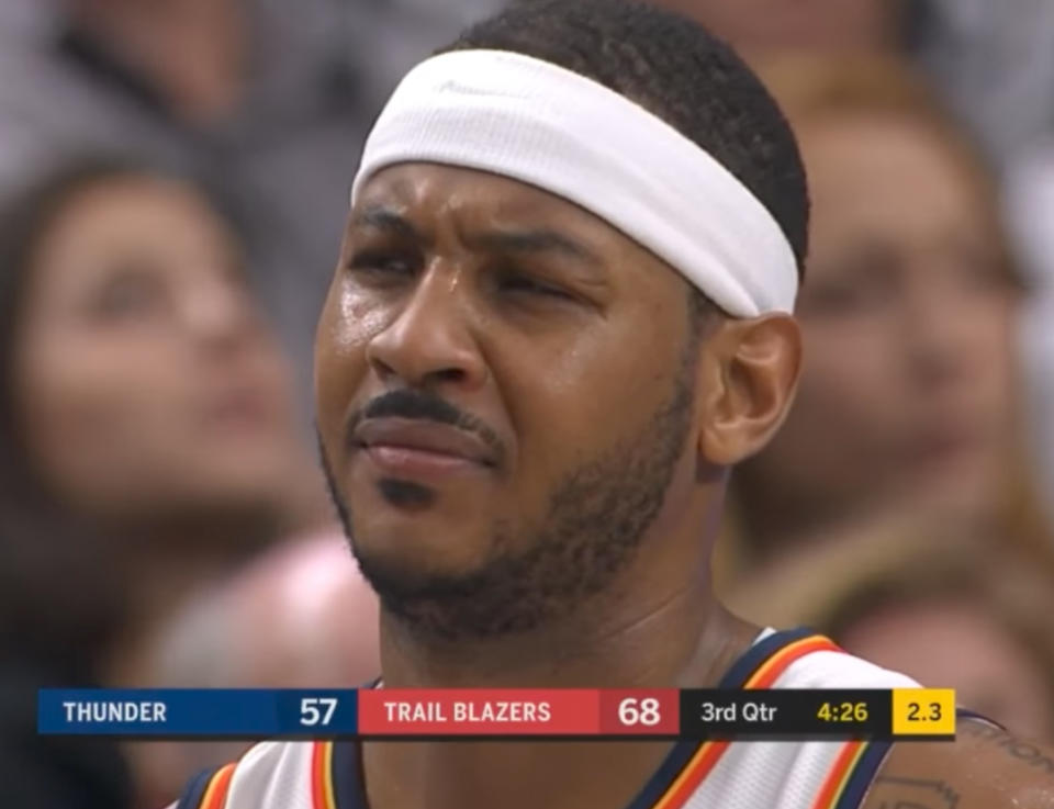 Carmelo Anthony is not thrilled by what you have just told him. (Screen shot via NBA)