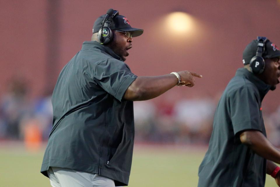 Westmoore coach Lorenzo Williams during a high school football game between Moore and Westmoore at in Moore, Okla., Friday, Sept. 22, 2023