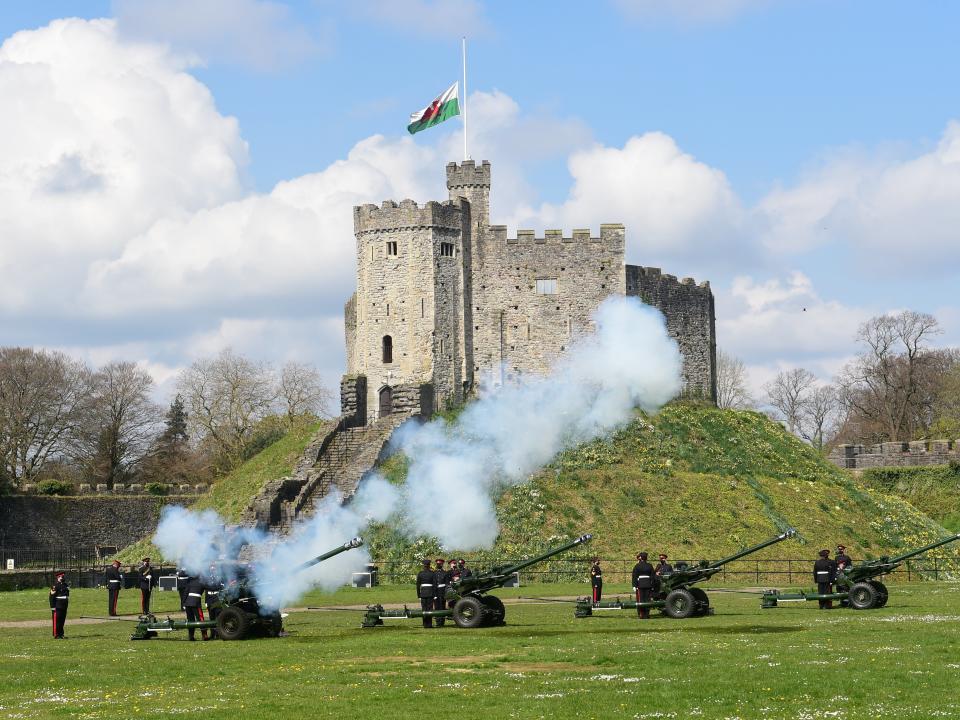 View of the first shot during a gun salute at Cardiff CastleReuters
