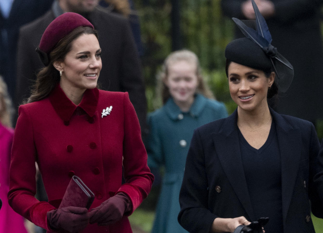 KING'S LYNN, ENGLAND - DECEMBER 25: Catherine, Duchess of Cambridge and Meghan, Duchess of Sussex attend Christmas Day Church service at Church of St Mary Magdalene on the Sandringham estate on December 25, 2018 in King's Lynn, England. (Photo by UK Press Pool/UK Press via Getty Images)