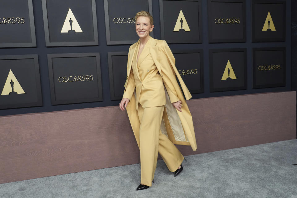 Cate Blanchett llega a almuerzo de nominados a la 95a entrega de Premios de la Academia el 13 de febrero de 2023, en el Hotel Beverly Hilton en Beverly Hills, California. (Foto Jordan Strauss/Invision/AP)