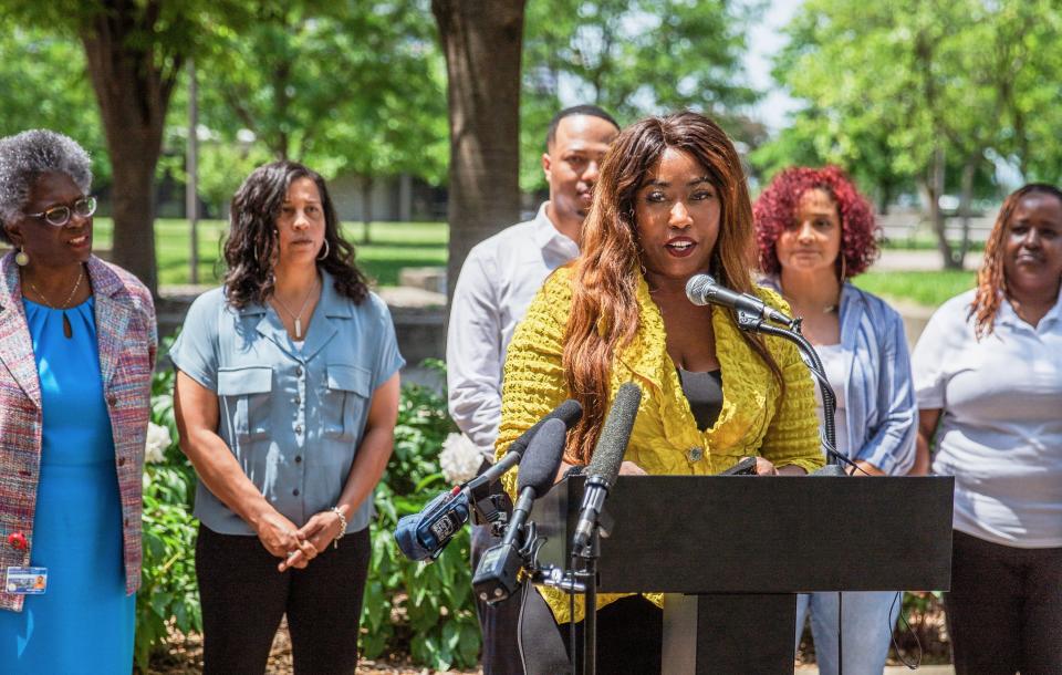 Tawanna Bain, founder/chair of Geddi and CEO of TBAIN & Co, speaks at a press conference in Louisville, Ky on May 10, 2022. The press conference was held to annouce the four-day celebration that will take place for Juneteenth next month.