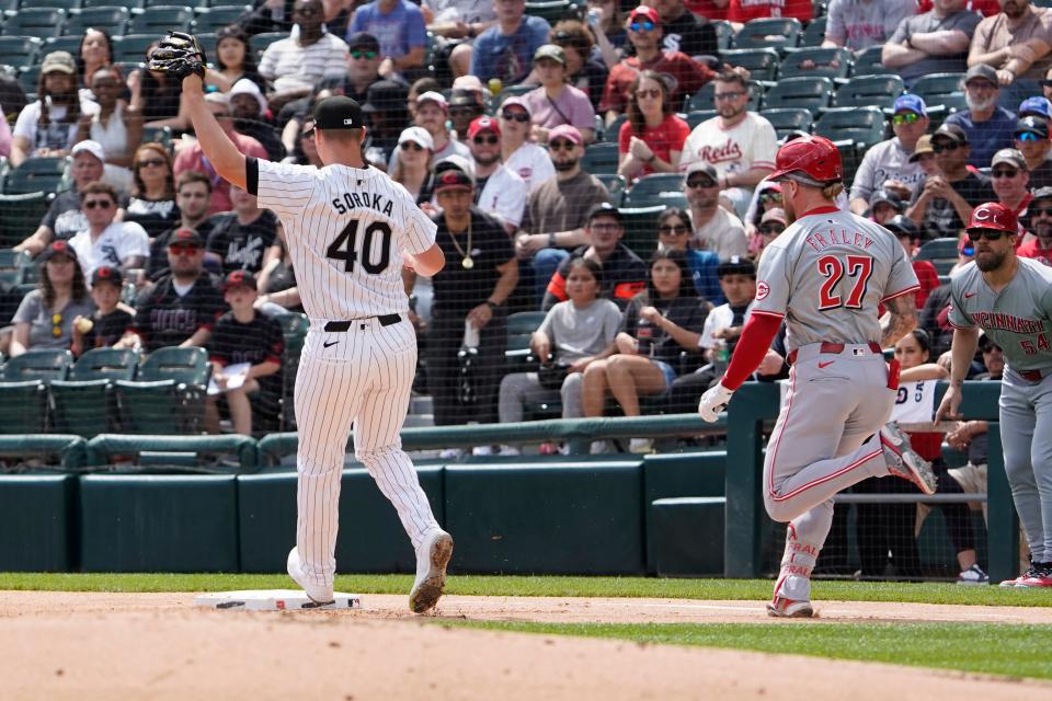 Outfielder Jake Fraley beats out an infield single in the first inning Sunday. Fraley had a nice day, going 2-for-3 with two walks and three runs scored.