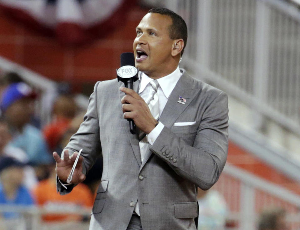 FILE - In this July 11, 2017, file photo, former baseball player Alex Rodriguez reports from the field during the MLB baseball All-Star Game in Miami. Rodriguez and e-commerce mogul Marc Lore have signed a letter of intent to buy the Timberwolves and keep the NBA franchise in Minnesota. Timberwolves owner Glen Taylor confirmed the agreement, which includes the WNBA’s Minnesota Lynx. The two sides have a 30-day window for negotiations to be finalized. (AP Photo/Lynne Sladky, File)