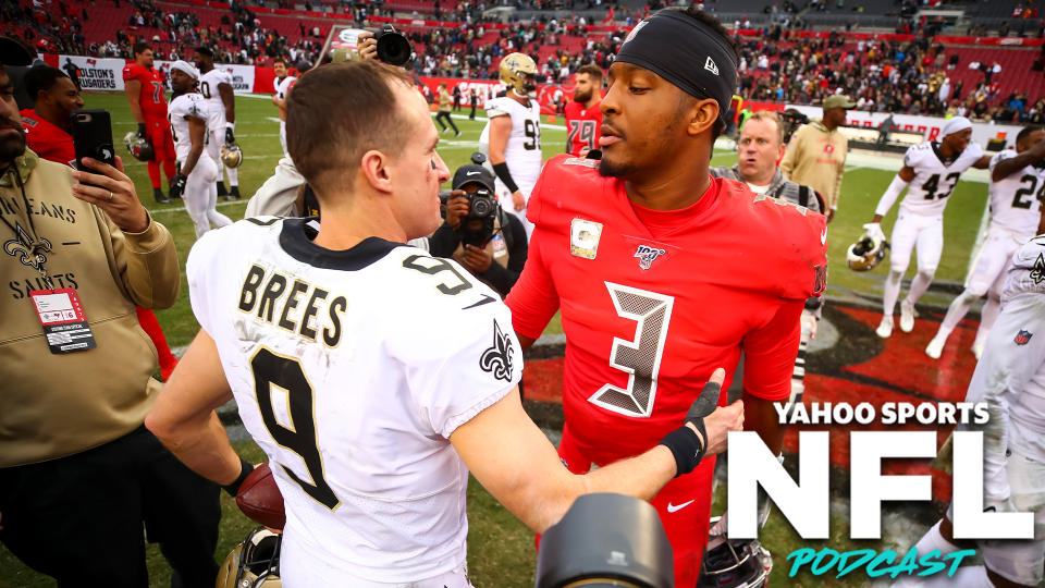 Drew Brees and Jameis Winston are now teammates as Winston hopes to revive his young career backing up the future Hall of Famer in New Orleans. (Photo by Will Vragovic/Getty Images)