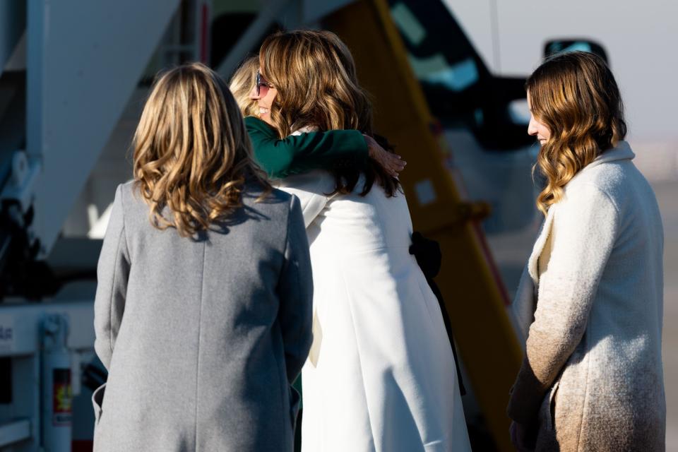 First lady Jill Biden hugs Abby Cox, wife of Utah Gov. Spencer Cox, upon her arrival at Signature Aviation SLC in Salt Lake City on Tuesday, Jan. 16, 2024. | Megan Nielsen, Deseret News