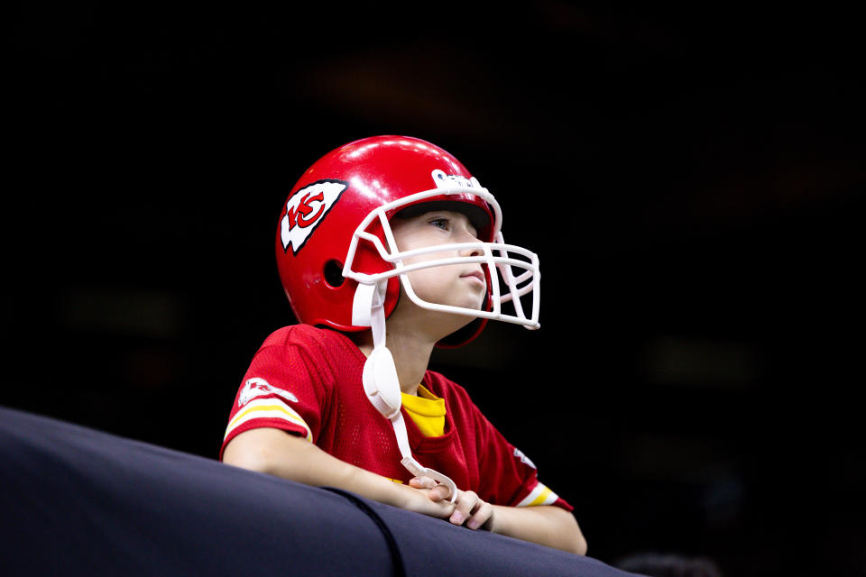 Aug 13, 2023; New Orleans, Louisiana, USA; Kansas City Chiefs fan looks on against the New Orleans Saints during the first half at the Caesars Superdome. Mandatory Credit: Stephen Lew-USA TODAY Sports