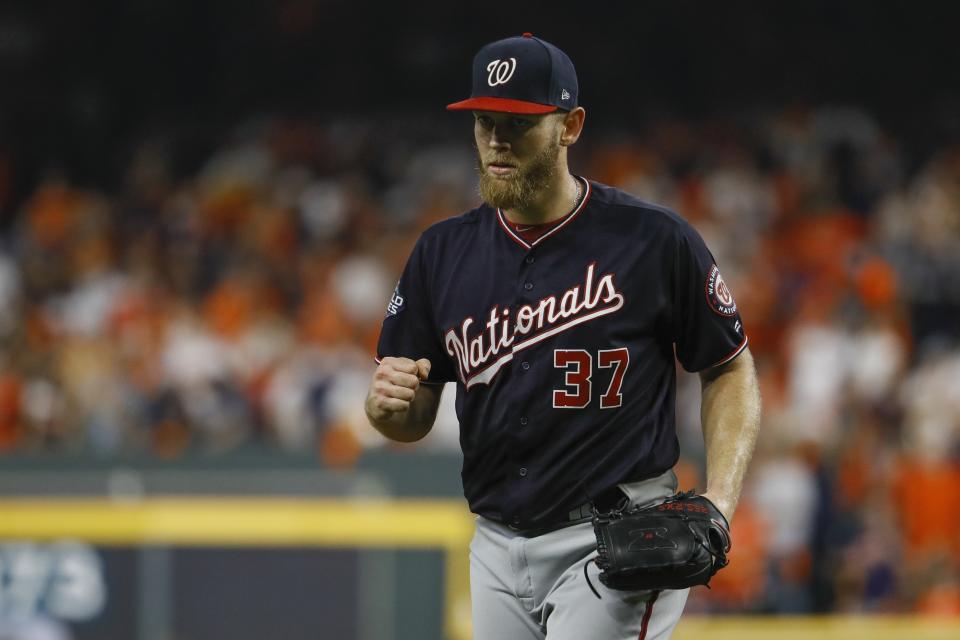 Washington Nationals starting pitcher Stephen Strasburg reacts after Houston Astros' Michael Brantley grounded out to end the fifth inning of Game 6 of the baseball World Series Tuesday, Oct. 29, 2019, in Houston. (AP Photo/Matt Slocum)