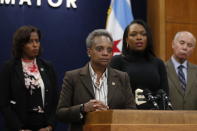 Mayor Lori Lightfoot speaks during a news conference at Chicago City Hall on Wednesday, Oct. 16, 2019. Lightfoot said classes would be canceled Thursday after determining that she can't accept the Chicago Teachers Union's demands, which she says would cost the city $2.5 billion it can't afford. Talks are expected to continue Wednesday. (Jose M. Osorio/Chicago Tribune via AP)