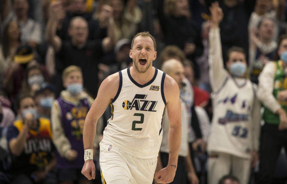 Joe Ingles (pictured) celebrates after scoring against the Denver Nuggets.