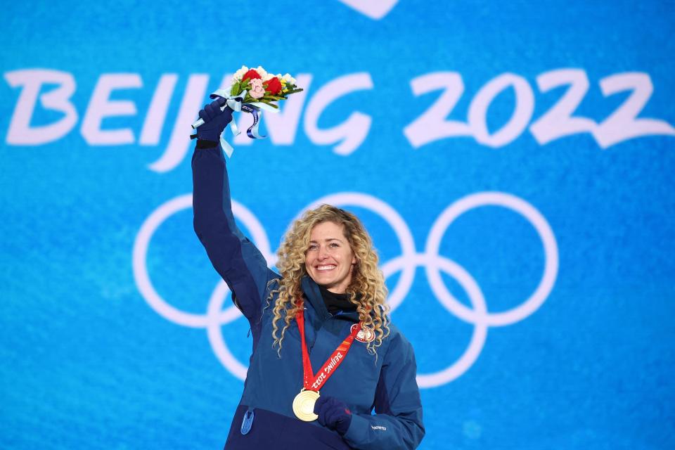 Lindsey Jacobellis poses with her Olympic gold medal.