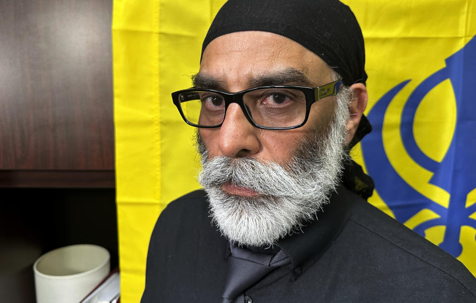 Sikh separatist leader Gurpatwant Singh Pannun is pictured in his office on Wednesday, Nov. 29, 2023, in New York. U.S. authorities said an Indian government official directed a plot to assassinate Pannun in New York City after he advocated for a sovereign state for Sikhs. (AP Photo/Ted Shaffrey)