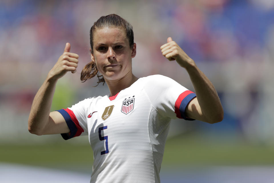 Kelley O'Hara, a defender for the United States women's national team, which is headed to the FIFA Women's World Cup, is introduced for fans during a send-off ceremony following an international friendly soccer match against Mexico, Sunday, May 26, 2019, in Harrison, N.J. The U.S. won 3-0. (AP Photo/Julio Cortez)