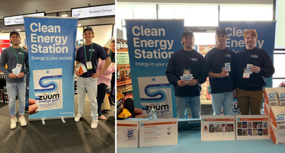 Alex Chambers and Eamon Roderick standing in front of a Zuum sign at an event (left) and the duo with another man at a Zuum stand at an event (right). 