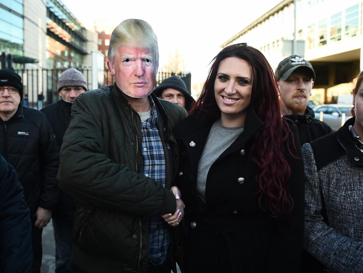 Jayda Fransen, pictured outside a Belfast court at the weekend, had three video posts retweeted by the US President last month: Getty