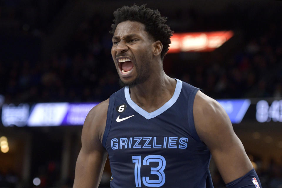 Memphis Grizzlies forward Jaren Jackson Jr. (13) reacts after scoring in the first half of an NBA basketball game against the Sacramento Kings, Tuesday, Nov. 22, 2022, in Memphis, Tenn. (AP Photo/Brandon Dill)