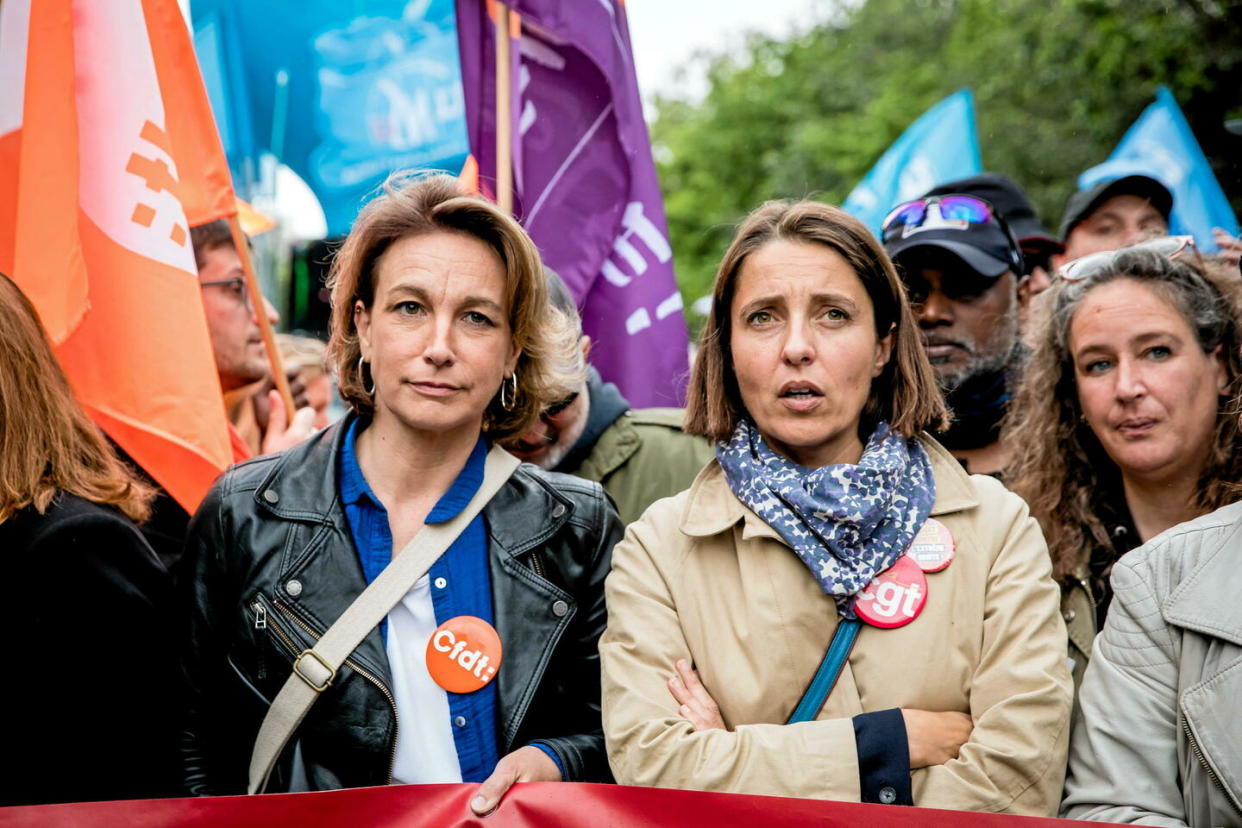 Marylise Léon (CFDT) et Sophie Binet (CGT) lors d'une manifestation organisée par plusieurs syndicats, partis politiques de gauche et ONG contre l'extrême droite, le 15 juin 2024, à Paris.  - Credit:Chang Martin/SIPA / SIPA / Chang Martin/SIPA