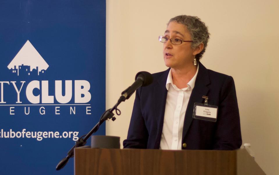 Lisa Fragala, Pacific University administrator and Lane Community College board member, is running in the Oregon Representative District 8 Democratic primary election. She gives her opening statement at a forum held by the City Club of Eugene on April 19.