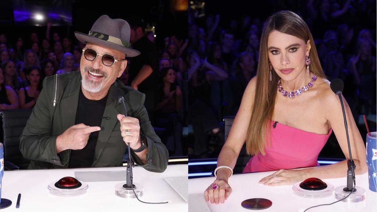  Howie Mandel in hat and sunglasses, Sofia Vergara in pink dress on America's Got Talent. 