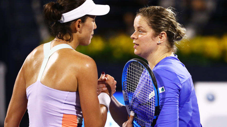 Garbine Muguruza and Kim Clijsters, pictured here shaking hands after their match in Dubai.