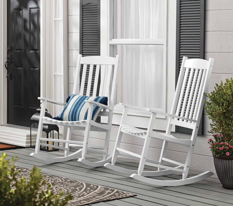 <p><a href="https://go.redirectingat.com?id=74968X1596630&url=https%3A%2F%2Fwww.walmart.com%2Fip%2FMainstays-Outdoor-Wood-Porch-Rocking-Chair-White-Color-Weather-Resistant-Finish%2F886865496&sref=https%3A%2F%2Fwww.thepioneerwoman.com%2Fhome-lifestyle%2Fentertaining%2Fg43853952%2Fbest-walmart-patio-furniture%2F" rel="nofollow noopener" target="_blank" data-ylk="slk:Shop Now;elm:context_link;itc:0;sec:content-canvas" class="link ">Shop Now</a></p><p>Mainstays Outdoor Wood Porch Rocking Chair</p><p>walmart.com</p><p>$97.00</p><span class="copyright">Walmart</span>