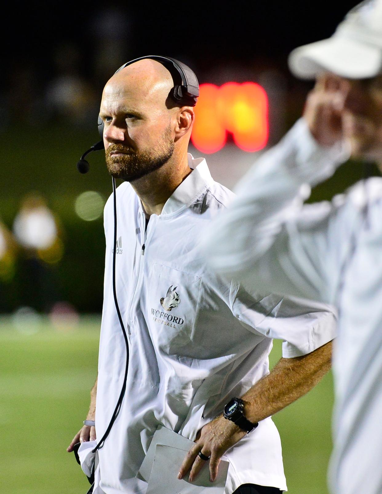 Wofford College played Kennesaw State University in college football on Sept. 18, 2021.  Wofford head coach Josh Conklin on the field. 