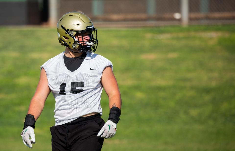 Linebacker Jack Bleier participates in drills on the first official day of practice at the Basha High School football field in Chandler on July 31, 2023.