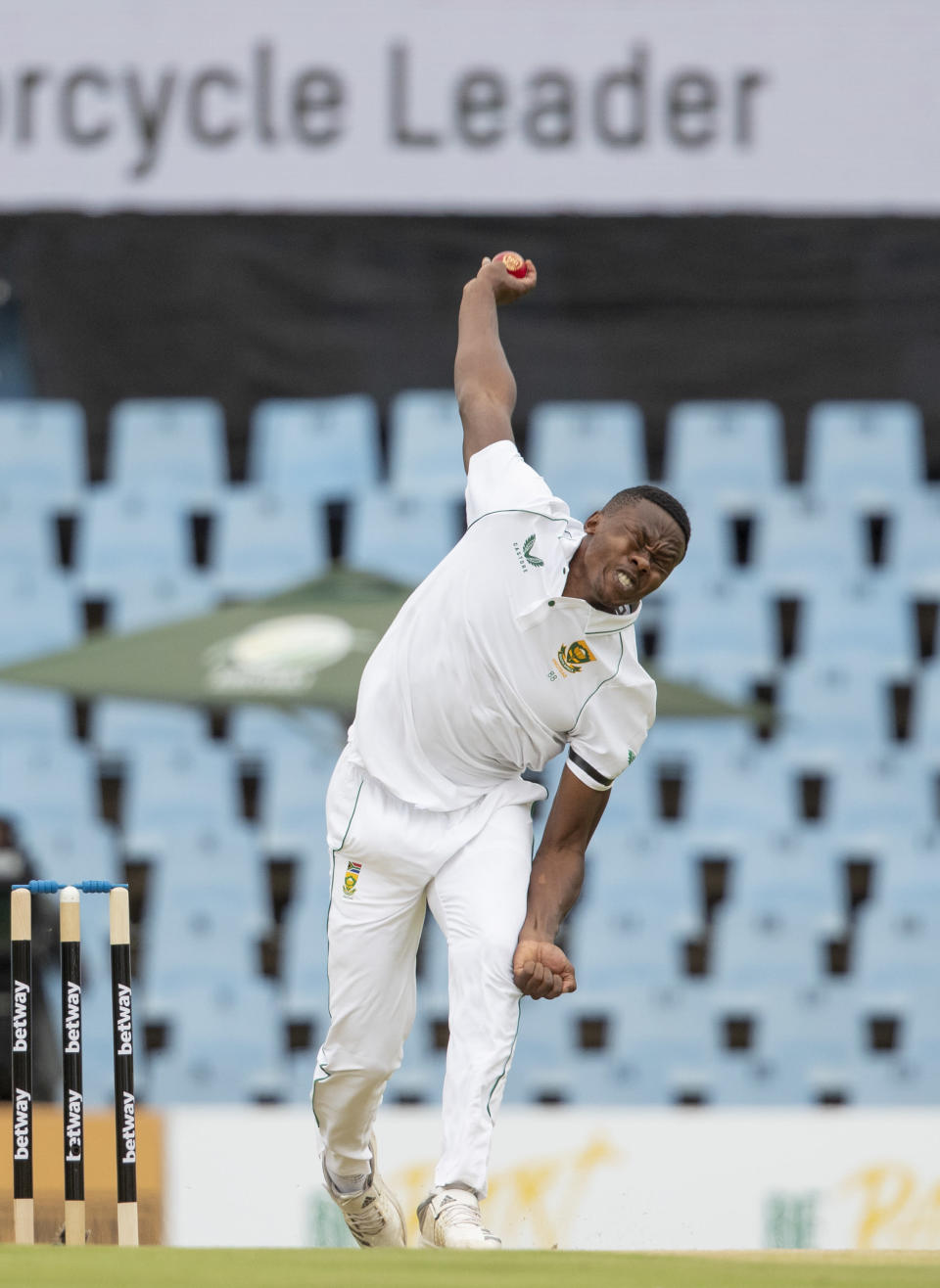 South Africa's Kagiso Rabada bowls during the Test Cricket match between South Africa and India at Centurion Park in Pretoria, South Africa, Sunday, Dec. 26, 2021. (AP Photo/Themba Hadebe)