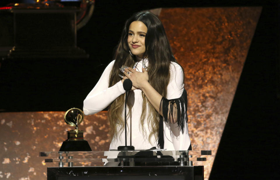 Rosalia accepts the award for best Latin rock, urban, or alternative album for "El Mal Querer" at the 62nd annual Grammy Awards on Sunday, Jan. 26, 2020, in Los Angeles. (Photo by Matt Sayles/Invision/AP)