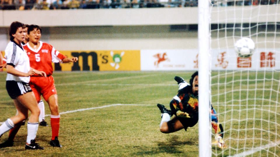 China scores against New Zealand during a group match at the 1991 Women's World Cup in Guangzhou.  - Chen guo/Imaginechina/AP/File