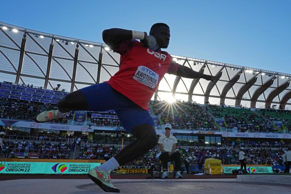 July 15: Josh Awotunde (USA) competes in the men’s shot put qualification round.