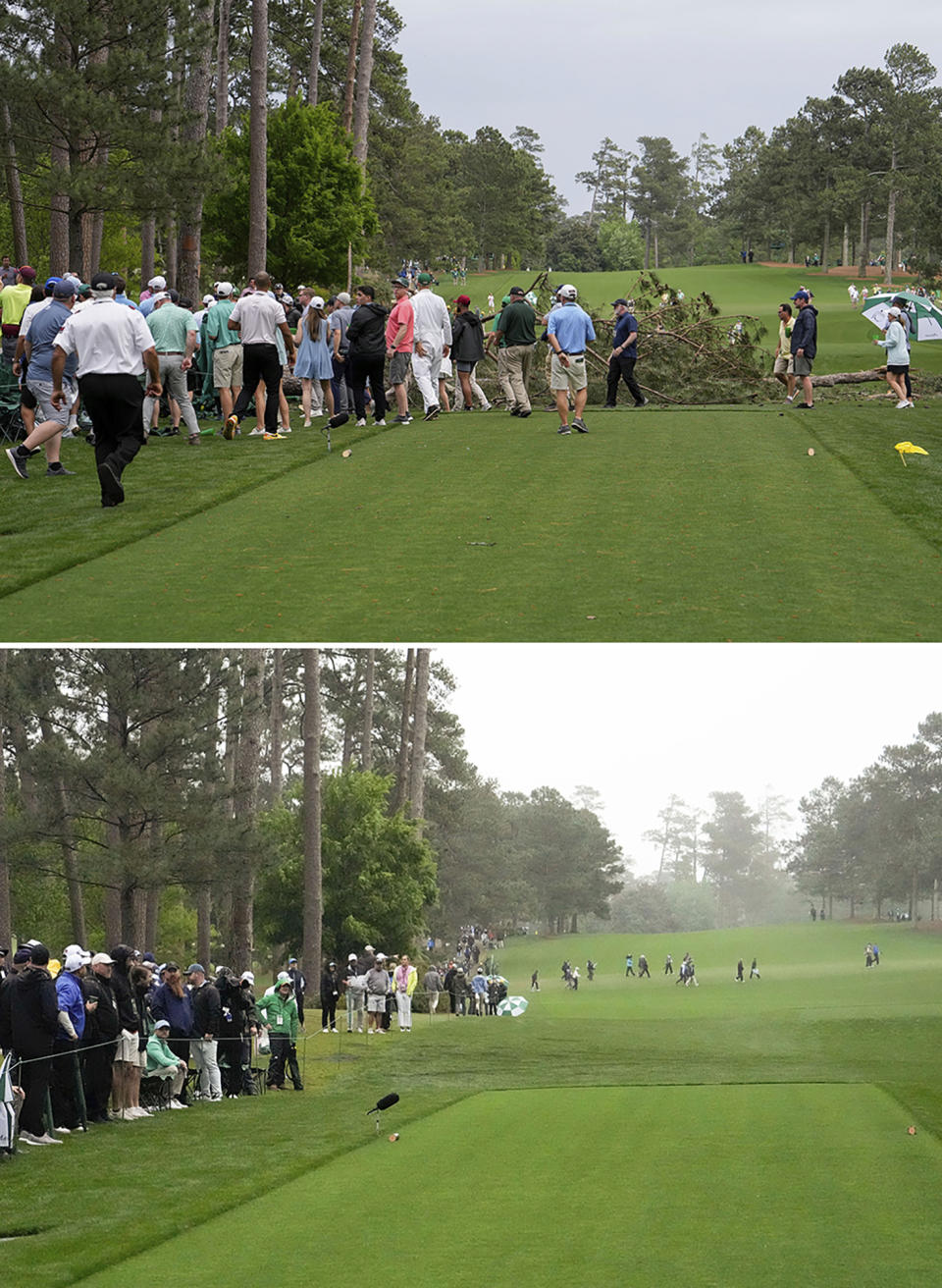 FILE - This photo combo shows fallen trees on the 17th hole on Friday, April 7, 2023 (top) and the trees cleared on Saturday, April 8 during the second round of the Masters golf tournament at Augusta National Golf Club in Augusta, Ga. Three towering pine trees fell near patrons as storms rolled through on Friday. (AP Photo/Mark Baker, File).