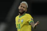 Brazil's Neymar reacts during a Copa America soccer match against Peru at Nilton Santos stadium in Rio de Janeiro, Brazil, Thursday, June 17, 2021. (AP Photo/Silvia Izquierdo)