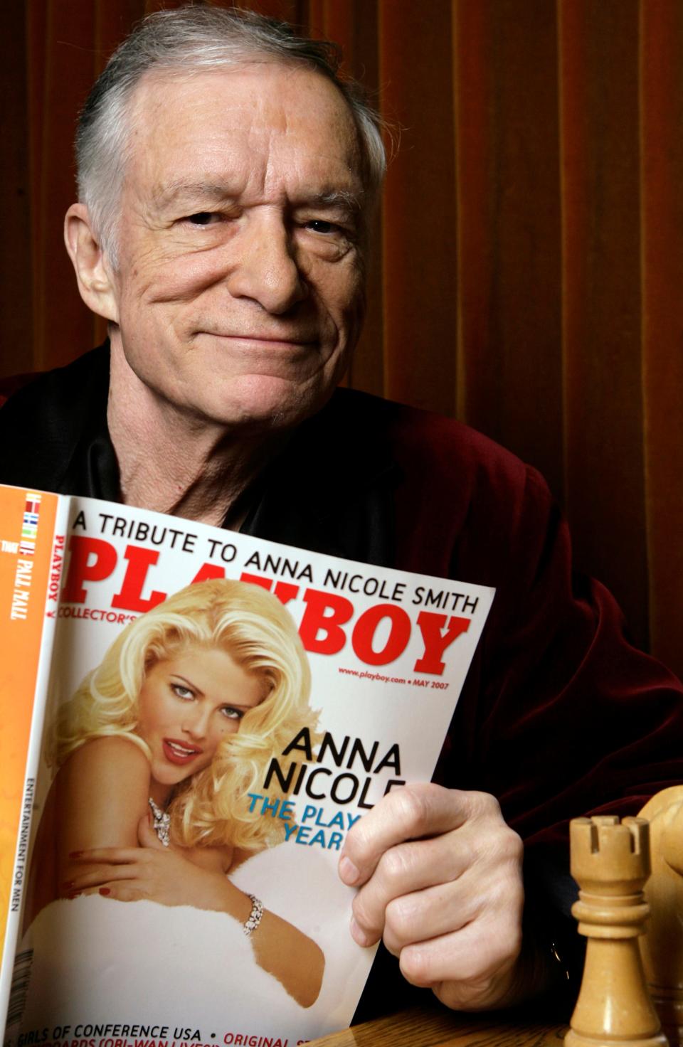 Hugh Hefner poses for a photo at the Playboy Mansion in Los Angeles in 2007.