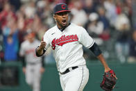 Cleveland Indians relief pitcher Emmanuel Clase reacts after the Indians defeated the Baltimore Orioles 8-7 in a baseball game Wednesday, June 16, 2021, in Cleveland. (AP Photo/Tony Dejak)