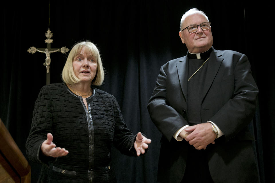 Former federal judge Barbara Jones and Cardinal Timothy Dolan address a news conference at the offices of the New York Archdiocese, in New York, Thursday, Sept. 20, 2018. The Roman Catholic Archdiocese of New York said Thursday that it has hired Jones to review its procedures and protocols for handling allegations of sexual abuse. (AP Photo/Richard Drew)