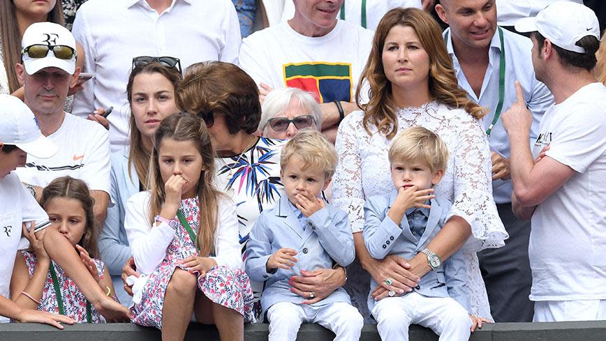 Roger Federer's adorable twin seven-year-old daughters Myla and Charlene, sons Leo and Lennart, three, and wife Mirka were out to see the Swiss star take out his eighth Wimbledon win.