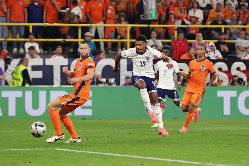 DORTMUND, GERMANY - JULY 10: Ollie Watkins of England scores his team's second goal during the UEFA EURO 2024 semi-final match between Netherlands and England at Football Stadium Dortmund on July 10, 2024 in Dortmund, Germany. (Photo by Alex Livesey/Getty Images)