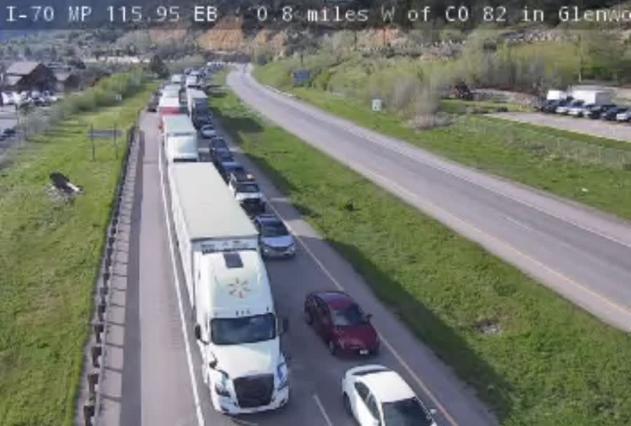 Eastbound Interstate 70 is closed Saturday evening after a trailer was separated from a semi-truck, prompting a hazmat response. (Colorado Department of Transportation)