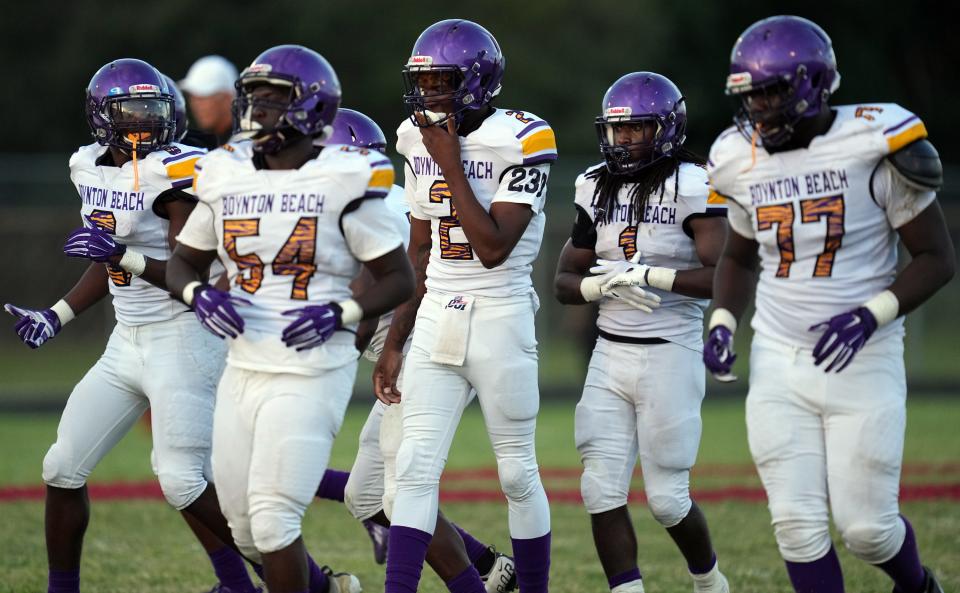 Boynton Beach quarterback Tyrone Smith (2) leads his offense against Santaluces during the first half on Friday, September 2, 2022 in Lantana.